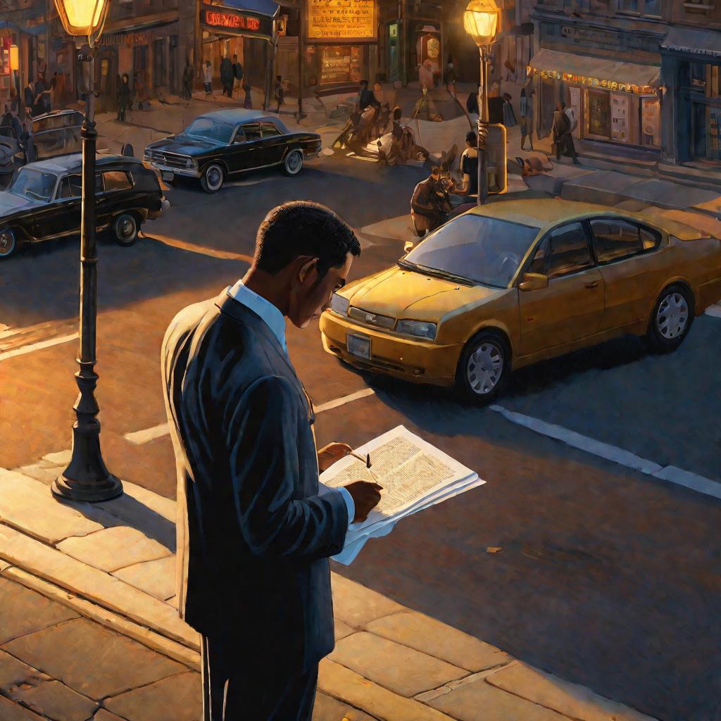 Мужчина в костюме на улице вечером разглядывает вексель при свете фонарей