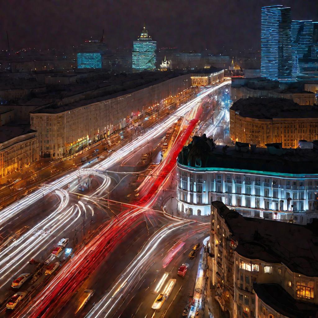 Оживленная ночная улица Москвы с проезжающим транспортом, светящимися вывесками магазинов и людьми на тротуарах.