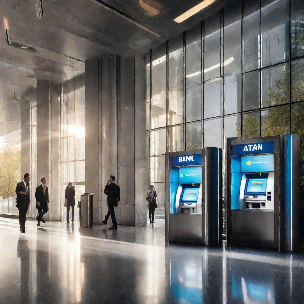 Внутренний вид офиса банка с проходящими людьми и банкоматом.