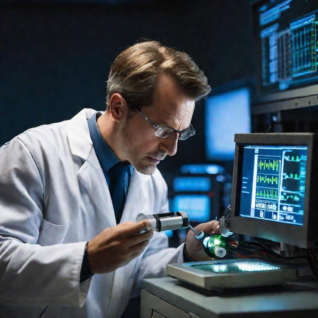 Портрет ученого измеряет выход газового хроматографа при поверке газовых смесей в лаборатории