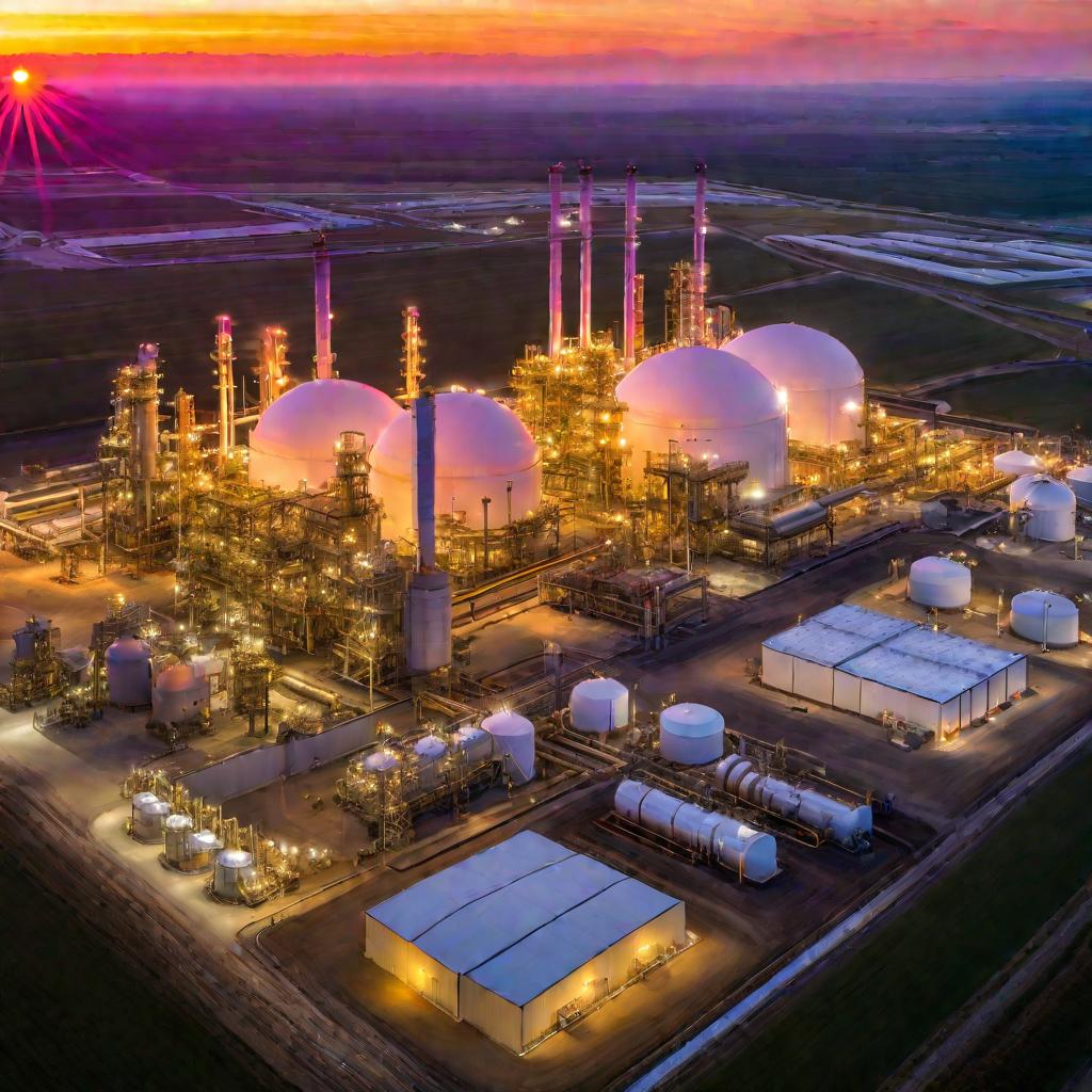 Вид сверху на современное производство газовых смесей на рассвете