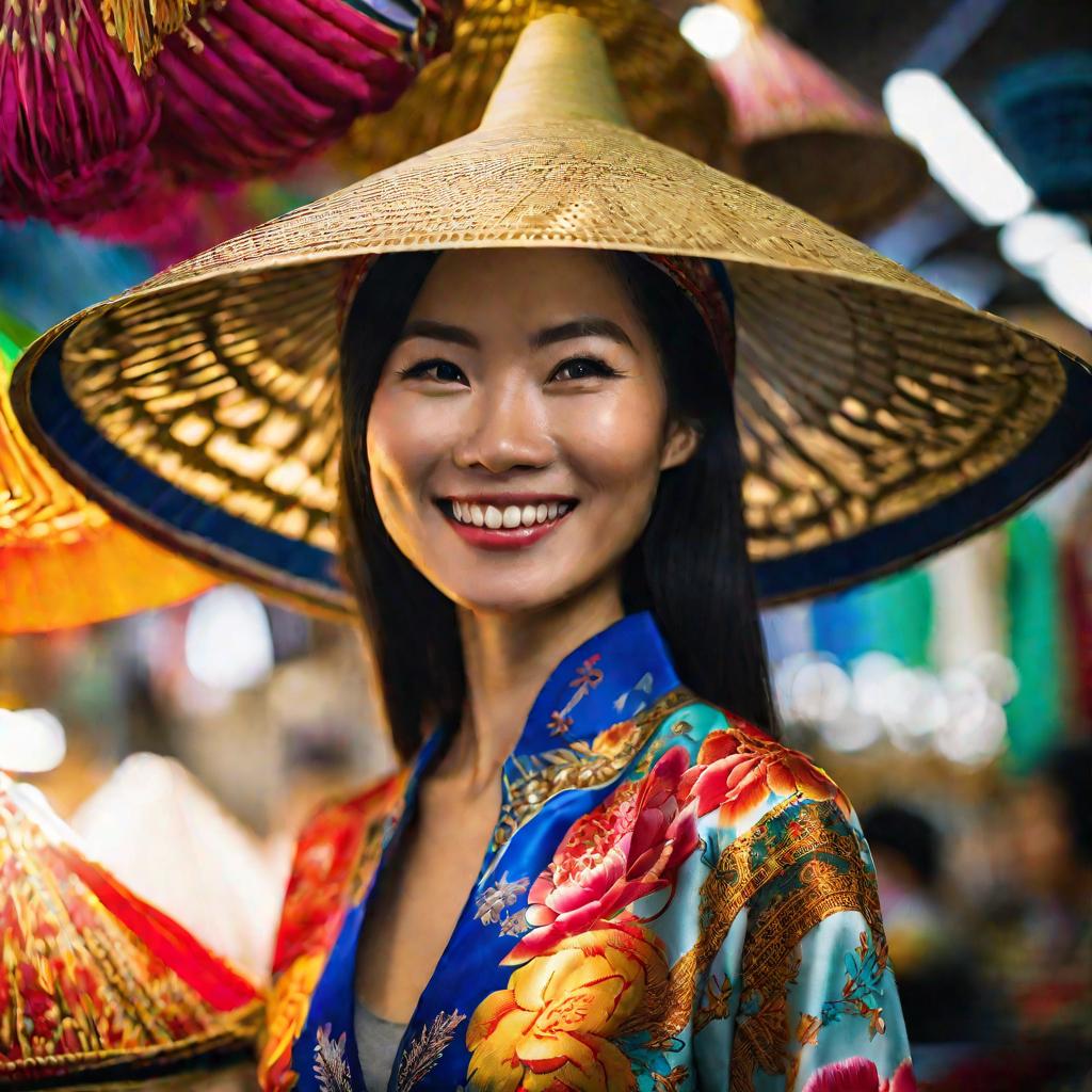 Вьетнамка с традиционной шляпой держит рубашку