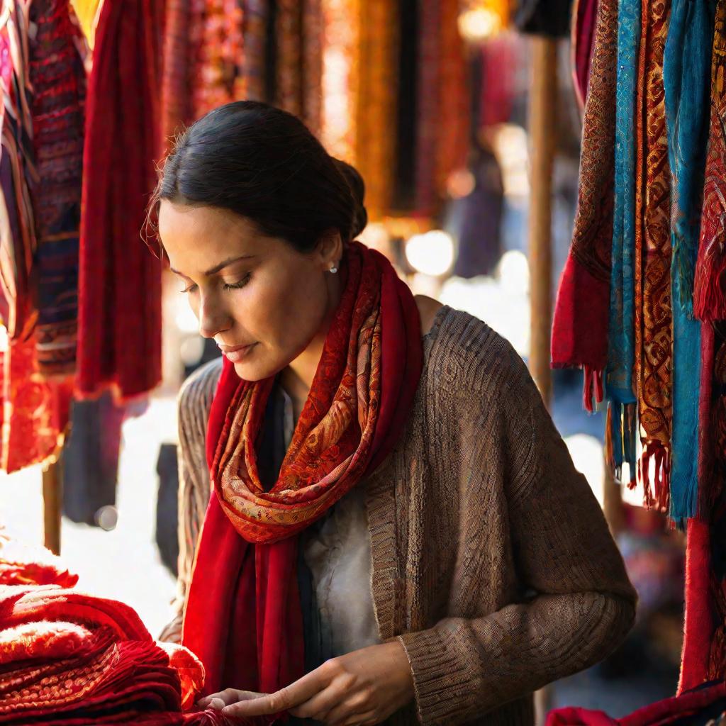 Женщина рассматривает красный шарф на прилавке