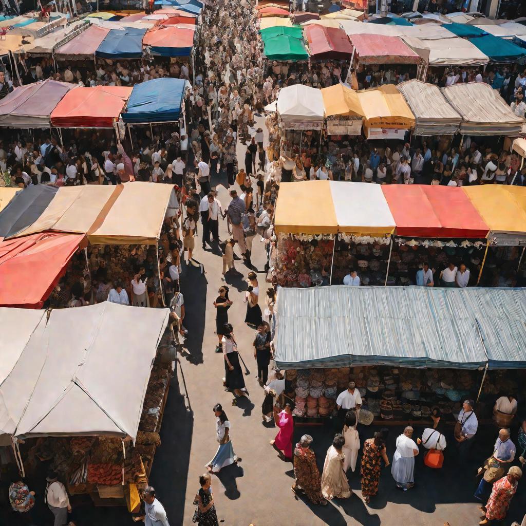 Люди идут по переполненному проходу между палатками на рынке
