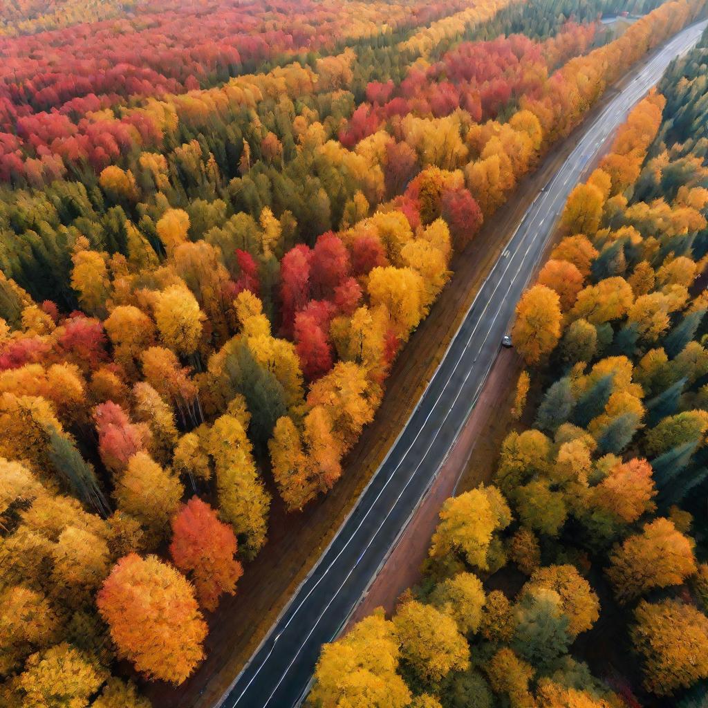 Вид сверху на змеящуюся дорогу осенью