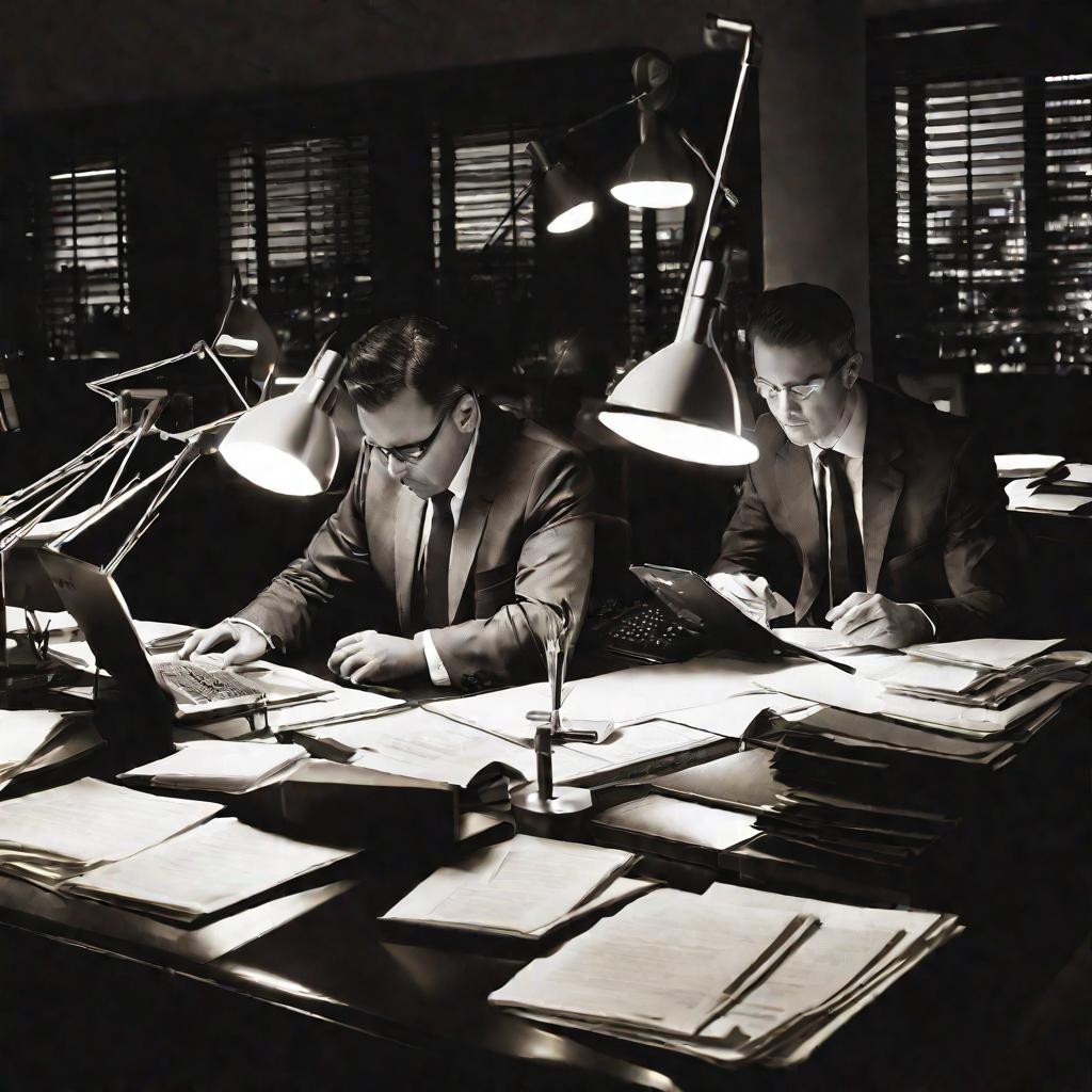 Бухгалтеры работают над финансовыми данными ночью в офисе