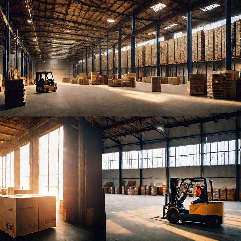 1. Погрузчик в складе. 2. Проверка товара. 3. Стеллажи на складе.