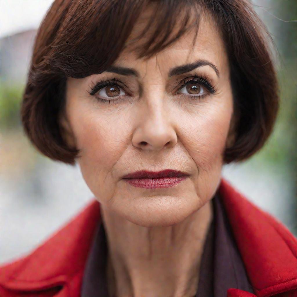 Крупный план портрета женщины средних лет в красной куртке, задумчиво смотрящей в сторону. У нее короткие каштановые волосы и обеспокоенное выражение лица. Фото снято на размытом фоне при мягком естественном освещении.