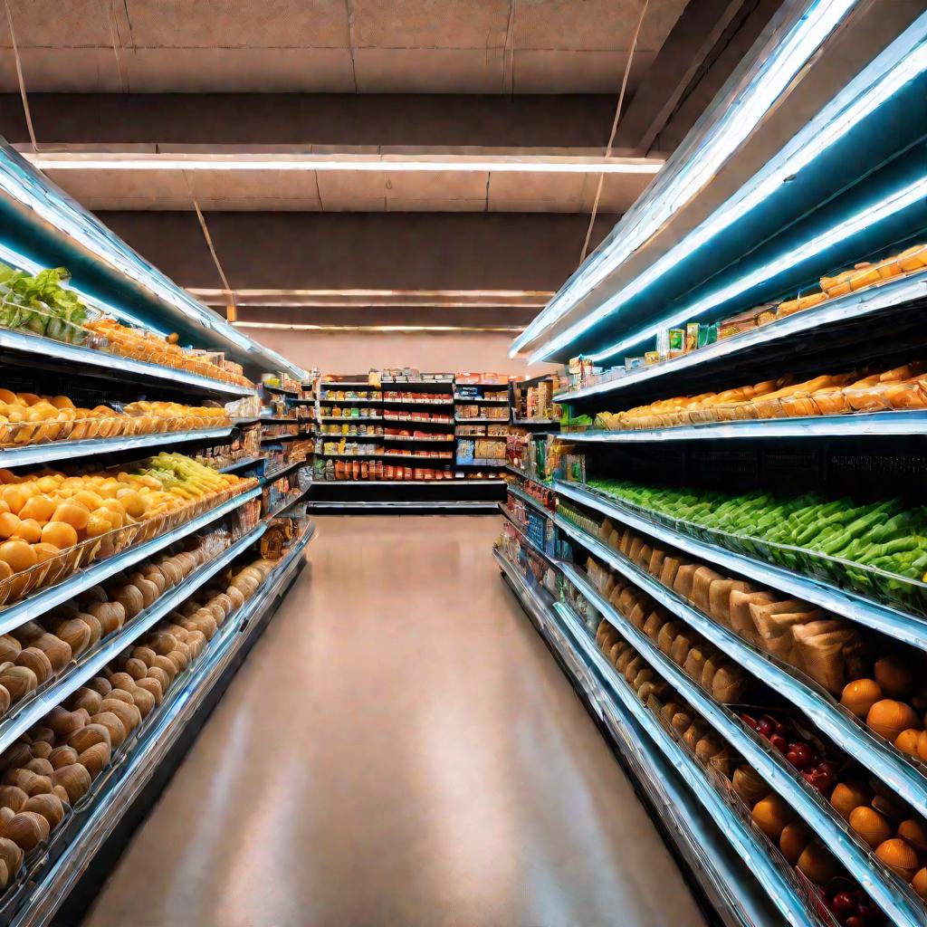 Интерьер продуктового магазина с пустыми полками. Магазин освещен холодным флуоресцентным светом. На некоторых полках осталось лишь несколько товаров. Сцена вызывает ощущение нехватки.
