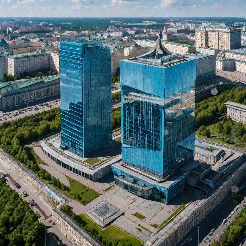 Вид сверху на здание центрального аппарата ФНС России в Москве в ясный летний день