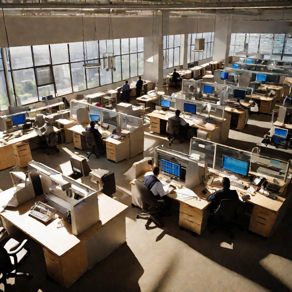 Вид сверху на большой открытый офис налоговой инспекции. Инспекторы в форме работают за компьютерами при дневном свете из окон