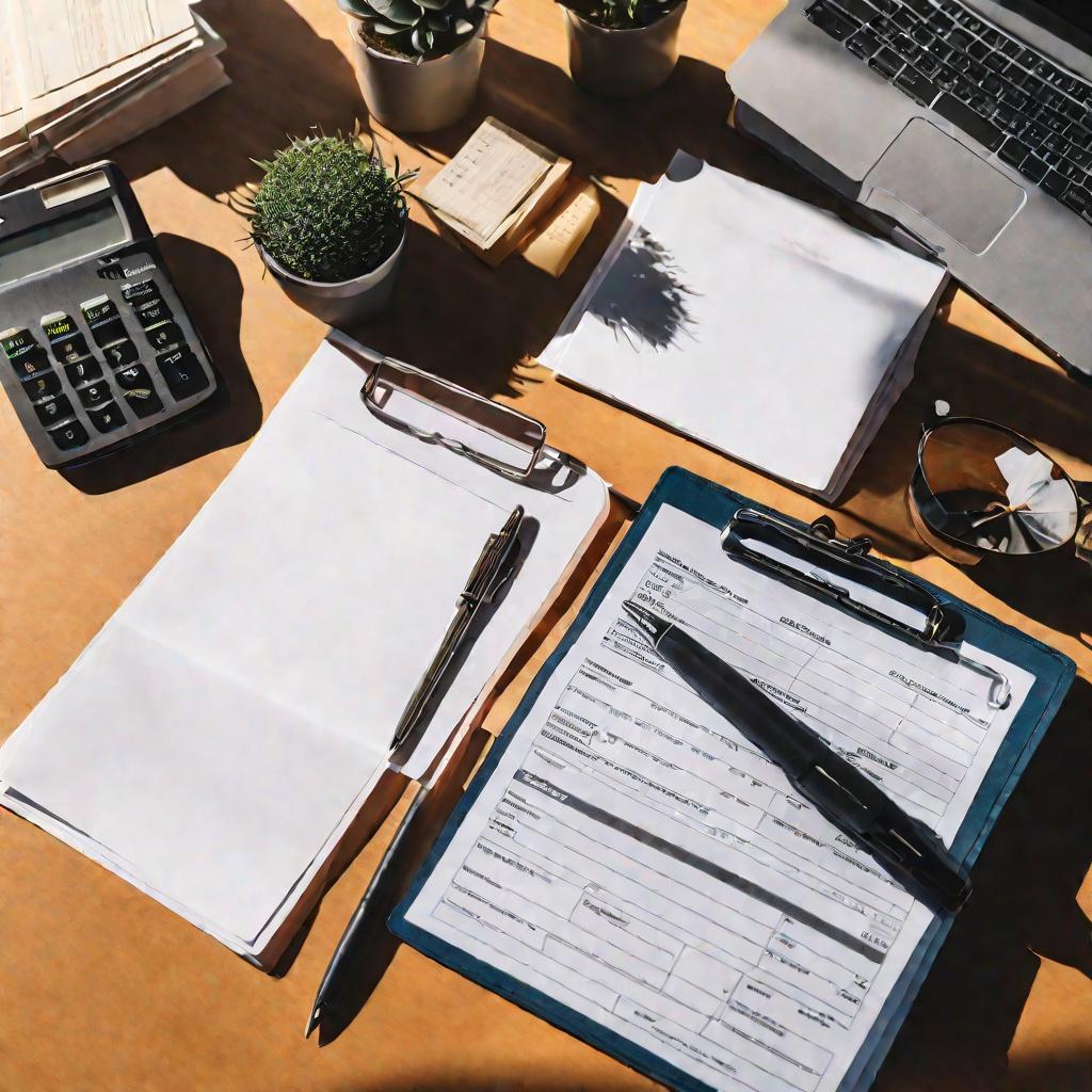 Вид сверху вниз на клипборд с большим количеством счетов-фактур и документации на рабочем столе. Утренний солнечный свет отбрасывает наклонные тени на бумаги. Ручка небрежно лежит поверх документов рядом с калькулятором. Изображение передает чувство орган