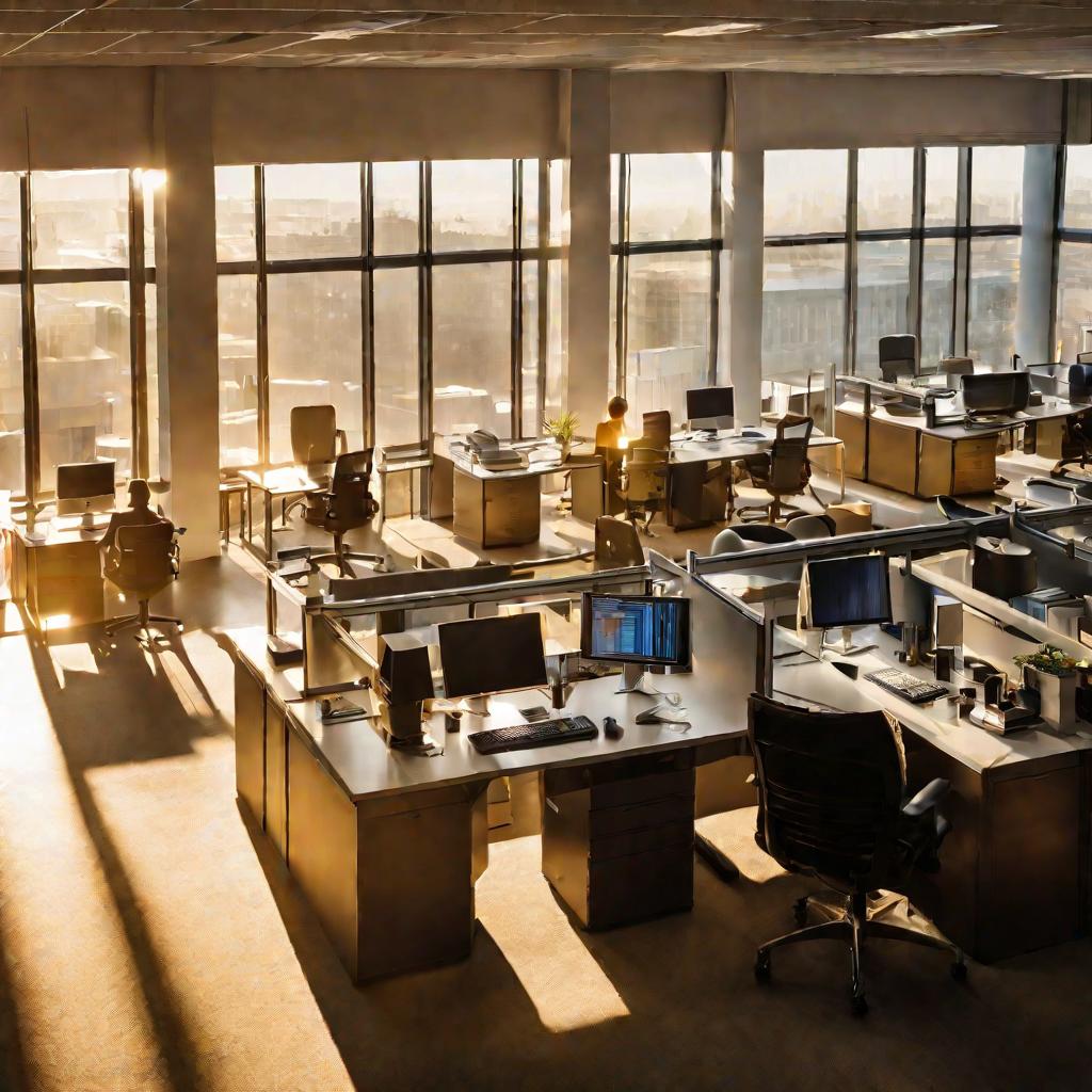 Вид офиса сверху на рассвете с мягким золотым утренним светом, льющимся через большие окна. Столы, компьютеры, бумаги и офисные стулья освещены теплым сиянием. Несколько ранних сотрудников ходят между столами, готовясь начать свой рабочий день в спокойной