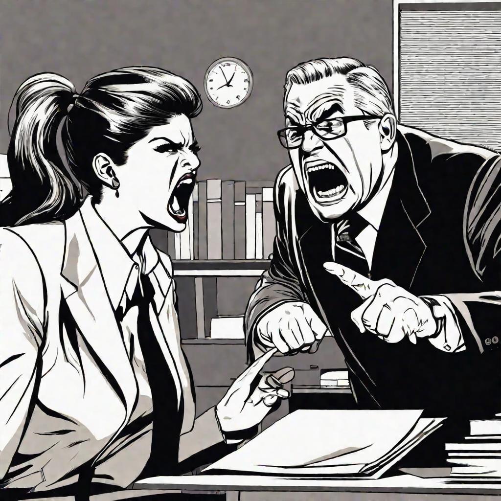 Кричащий босс и запуганная сотрудница в офисе
