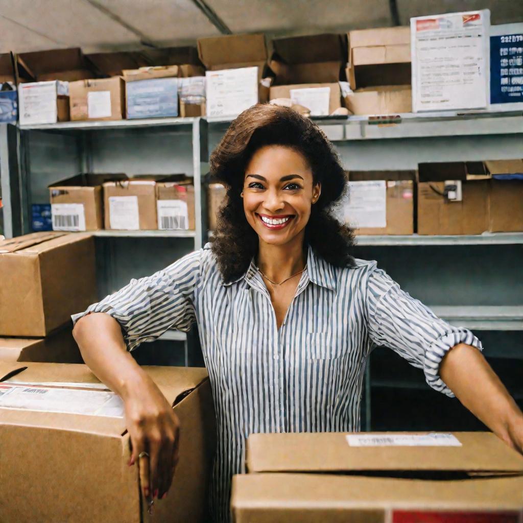 Женщина в почтовом отделении держит полученную посылку с улыбкой на лице. На ней полосатая рубашка и джинсы. Внутри почтового отделения люминесцентное освещение и много объявлений на доске позади. За прилавком, где стоит работник почты, видны почтовые ящи