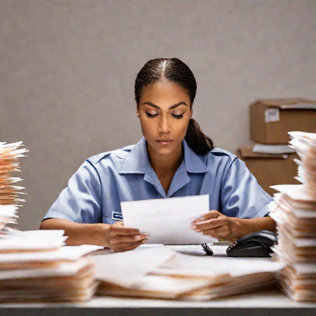 Портрет женщины-почтальона в форме, сидящей за столом и просматривающей письма при ярком офисном освещении на фоне бежевой стены.