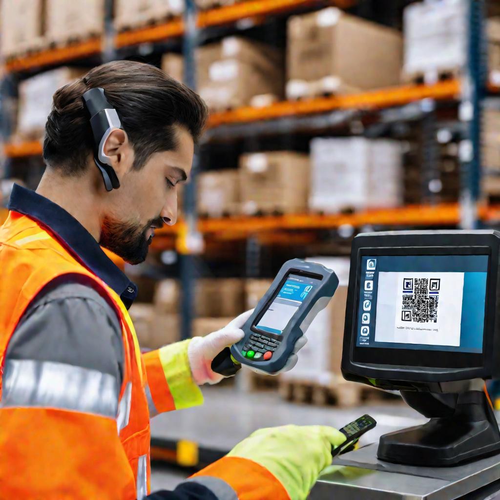 Крупный план портрета складского работника, который с помощью цифрового сканера сканирует штрих-код на коробке с товаром. Работник в защитном жилете, перчатках и гарнитуре. Фото запечатлело детальный процесс приемки и учета товарных запасов.