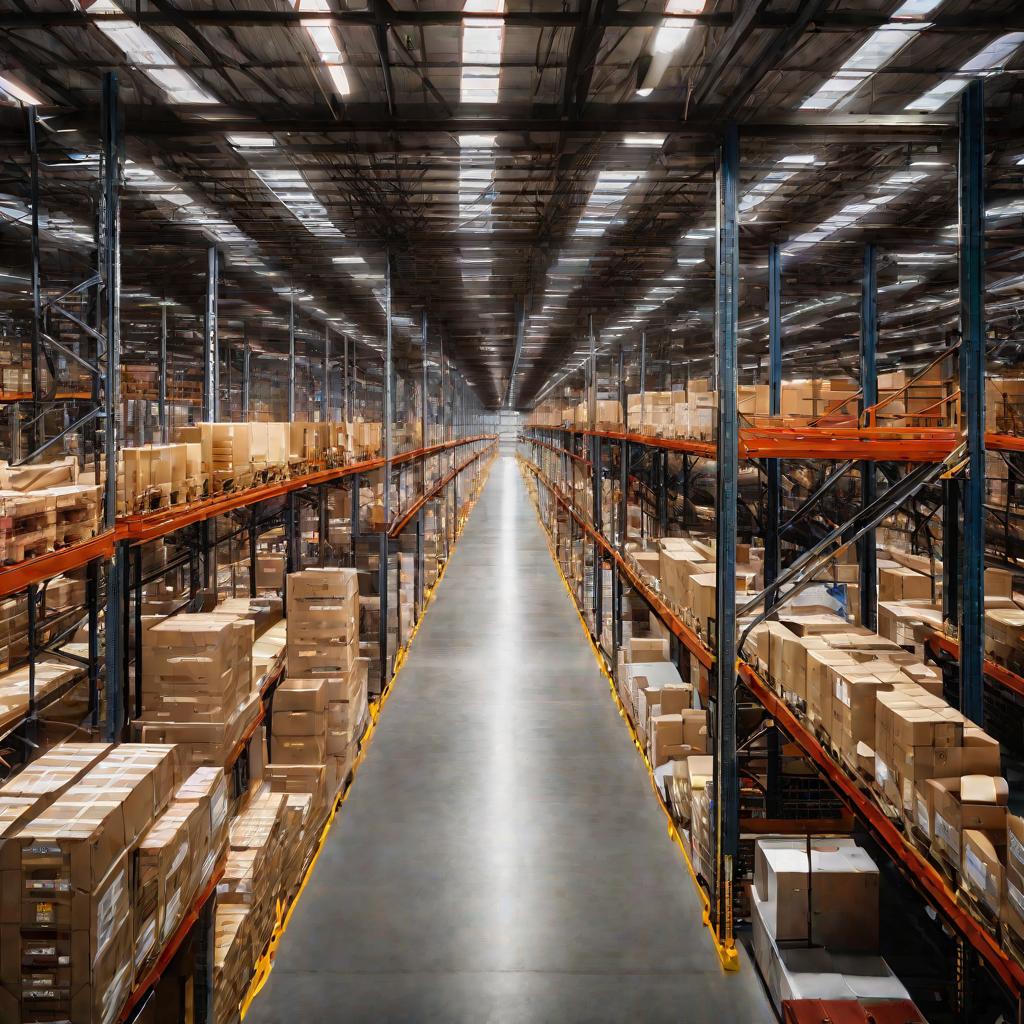 Вид сверху вдоль длинного прохода между высокими стеллажами для хранения с поддонами и коробками товаров. В конце прохода видны погрузчики и работники, принимающие и размещающие новую продукцию. Фото передает масштаб и организованность склада.