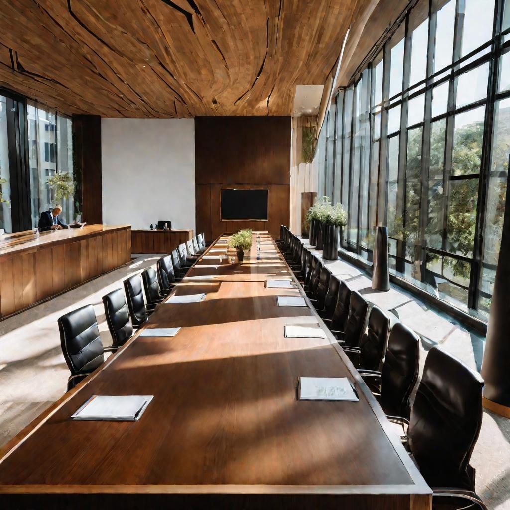 Переговорная комната с длинным столом, за которым сидят два человека в костюмах, подписывающие бумаги.
