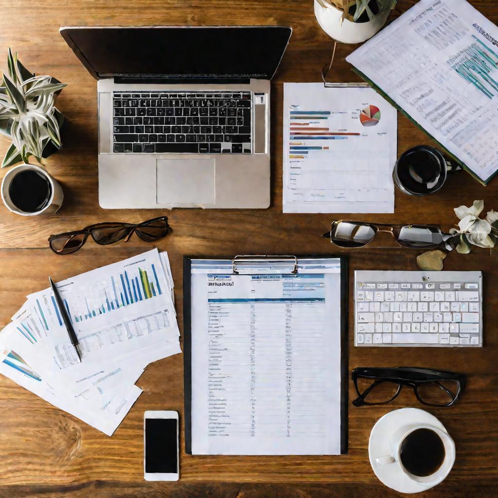 Вид сверху на конференц-стол, заваленный бумагами, ноутбуком, канцтоварами при утреннем свете.