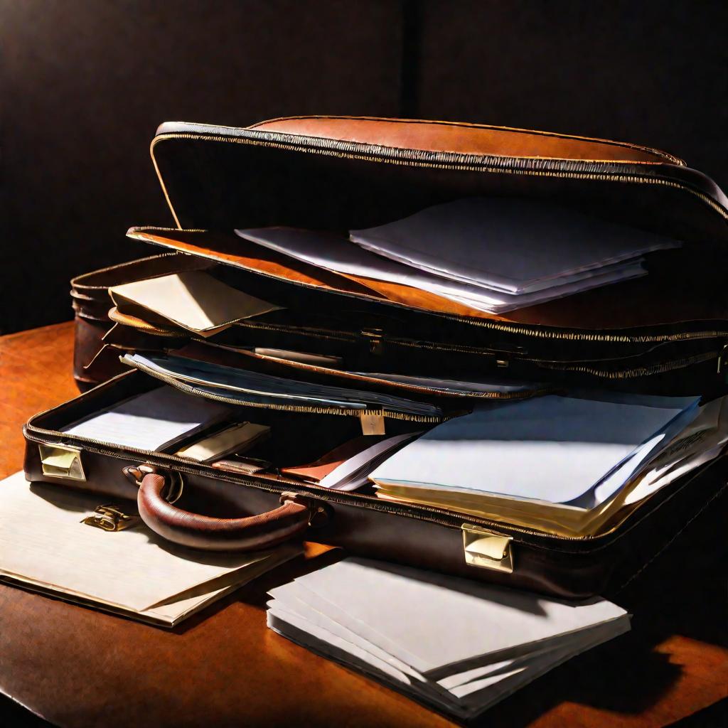 Крупным планом показан открытый кожаный портфель на столе, внутри которого лежат стопки бумаг, папки и блокноты