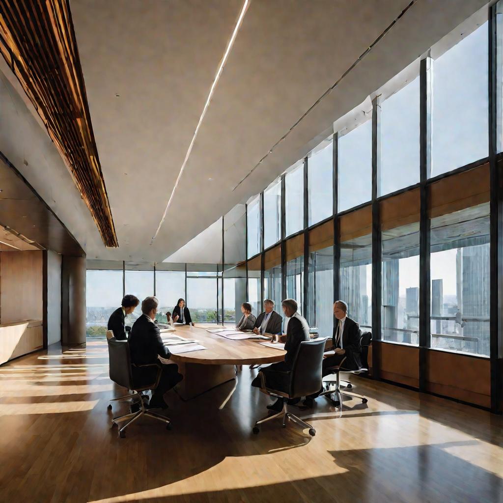 Широкий вид сверху на конференц-зал с длинным деревянным столом. За столом сидят пять человек в деловой одежде и просматривают разложенные на столе бумаги и папки