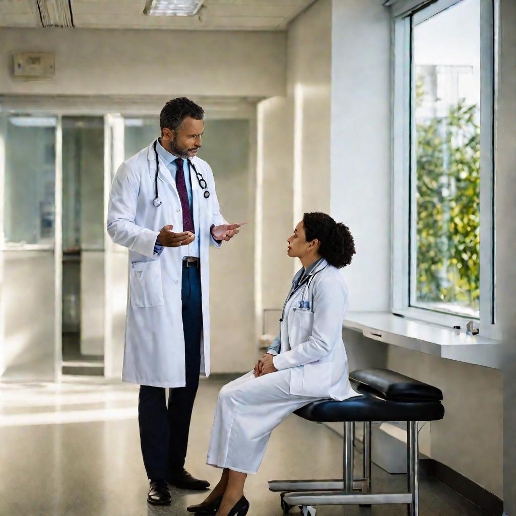 Врач в белом халате внимательно слушает пациентку в светлом медицинском кабинете