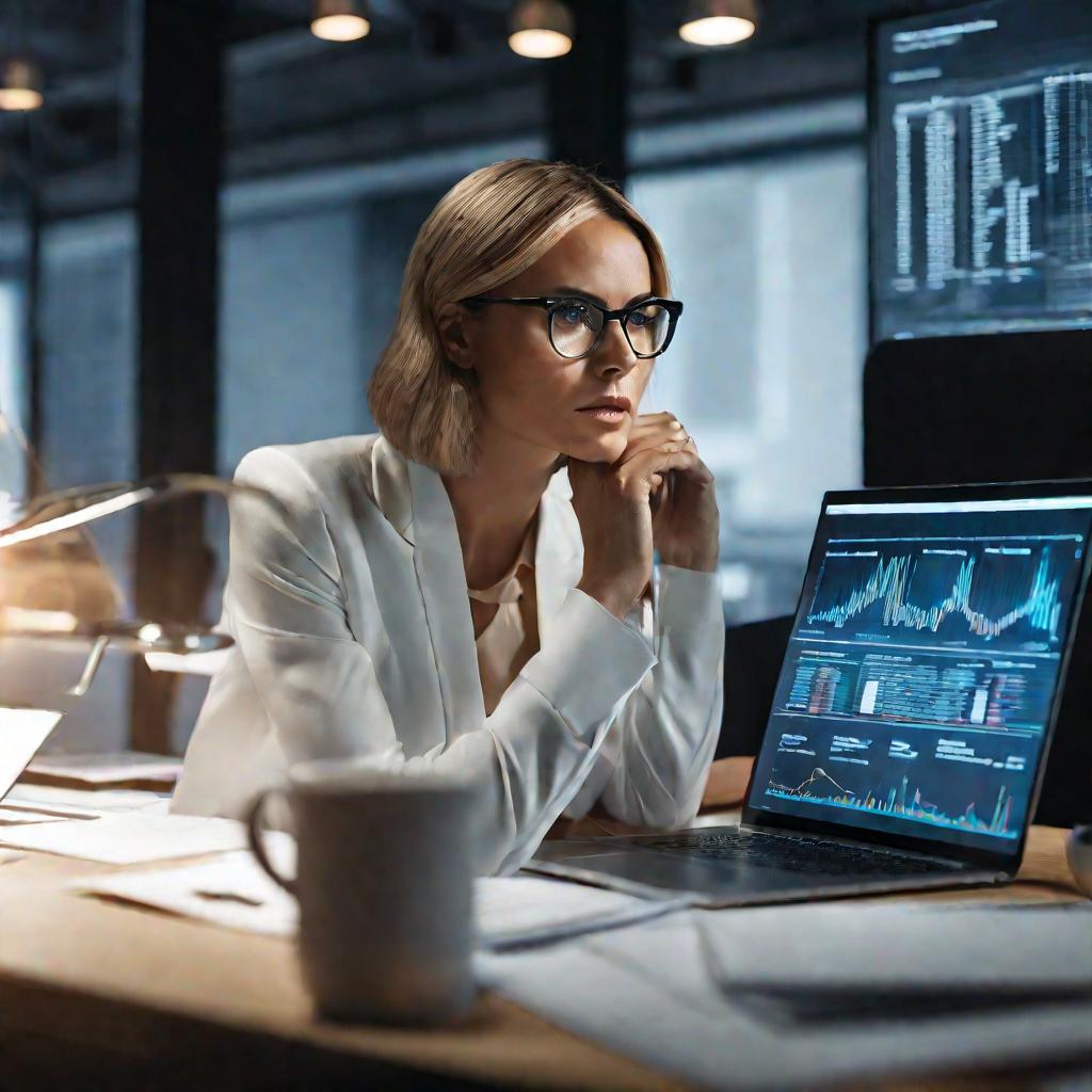Женщина в очках внимательно анализирует сложные маркетинговые данные на ноутбуке