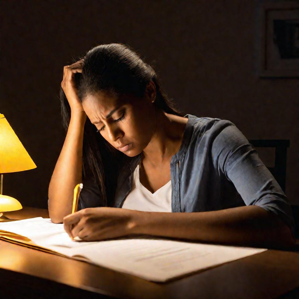 Крупный план уставшей матери-одиночки, сидящей за столом поздно ночью в тусклом свете настольной лампы. Она заполняет заявление, у нее обеспокоенное, сосредоточенное выражение лица. Теплый желтый свет освещает бумаги, но ее лицо частично в тени, показывая