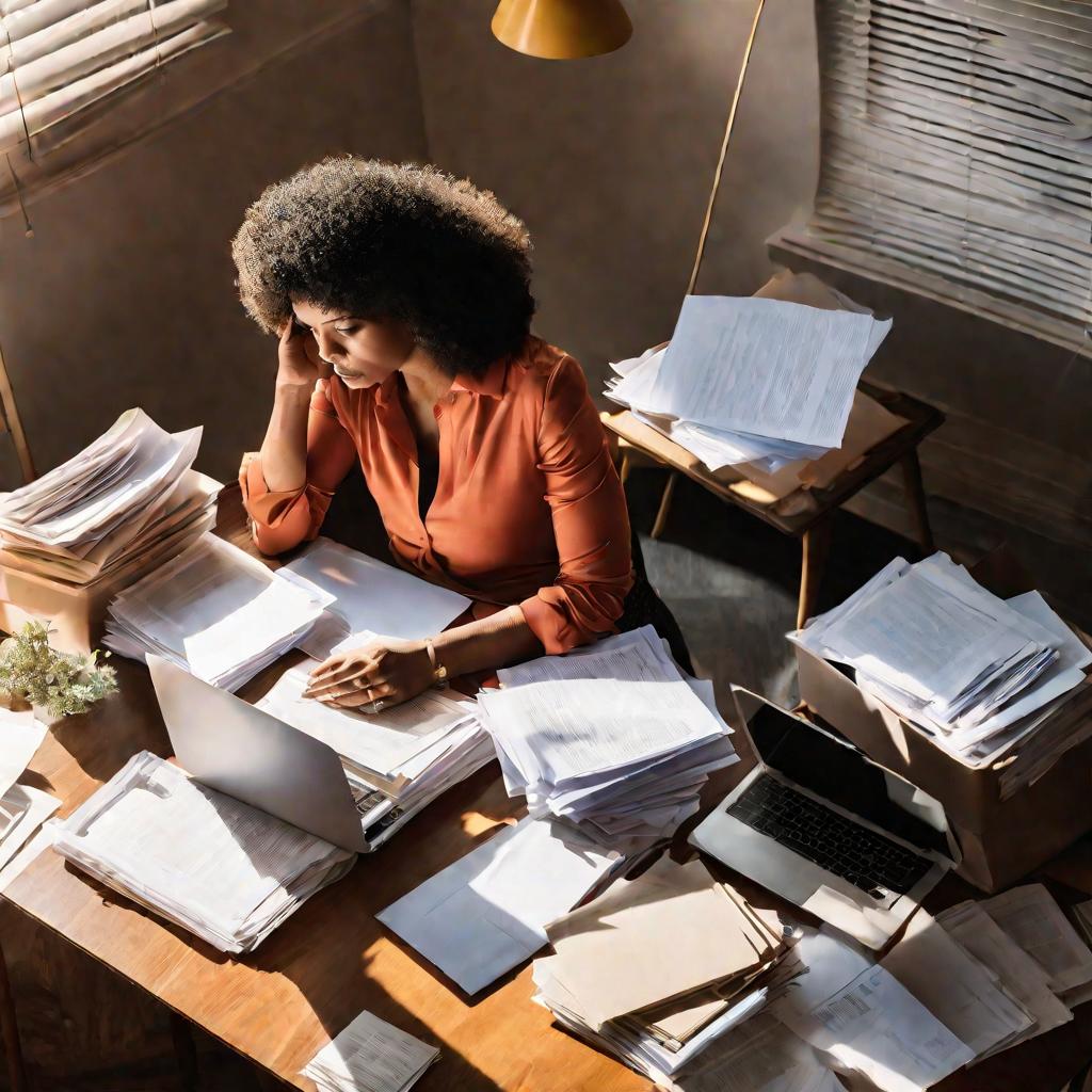 Вид сверху на одинокую мать, которая держит пачку документов и разговаривает по телефону с обеспокоенным выражением лица. Позади нее хаотичная куча бумаг на столе и открытый ноутбук. Комната ярко освещена солнечным светом, проникающим сквозь полузакрытые