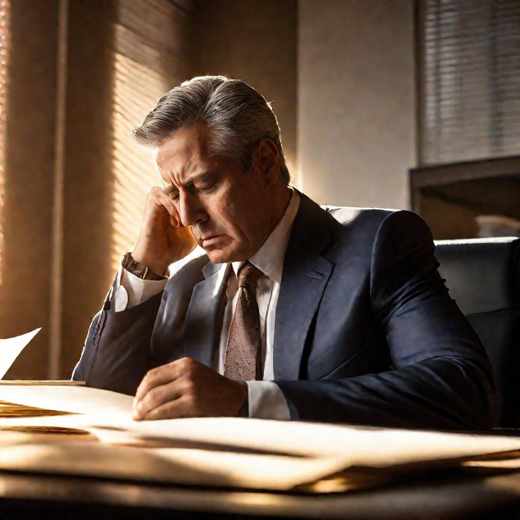 Портрет уставшего мужчины за столом держит бумагу «Акт об отсутствии сотрудника»