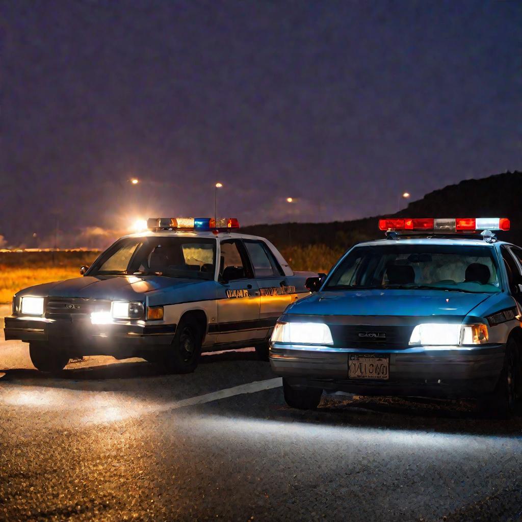 Нижний широкий план двух поврежденных машин на пустом шоссе на рассвете. Фары машин освещают друг друга. На переднем плане полицейский присел рядом с треснувшим бампером, тщательно осматривая его фонариком. Его поза демонстрирует напряженное внимание и за