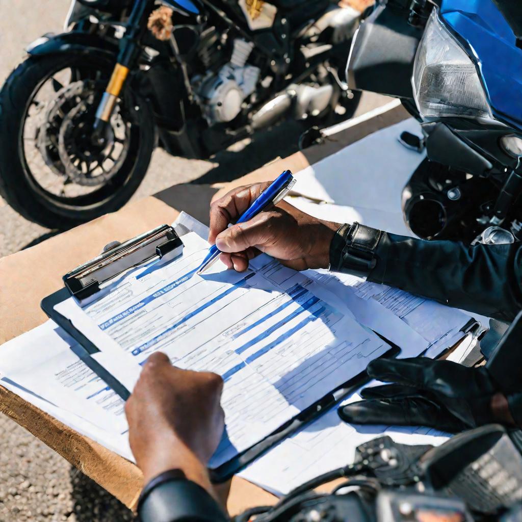 Вид сверху прямо на планшет полицейского, когда он заполняет отчет о дорожно-транспортном происшествии рядом с разбитым мотоциклом. Его рука четко пишет детали синей ручкой. В форме есть заголовки типа Дата, Время, Место, Описание повреждений. Солнечный с