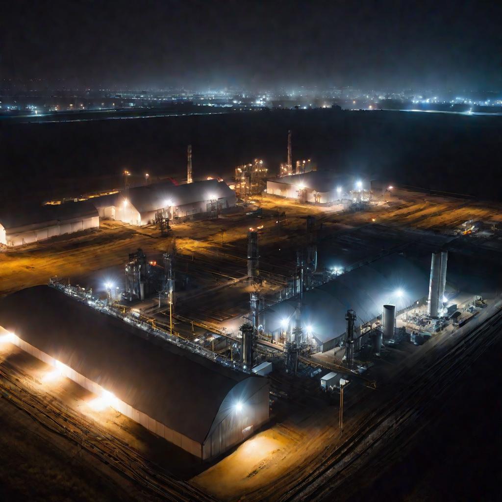 Команда в защитных костюмах осматривает завод ночью