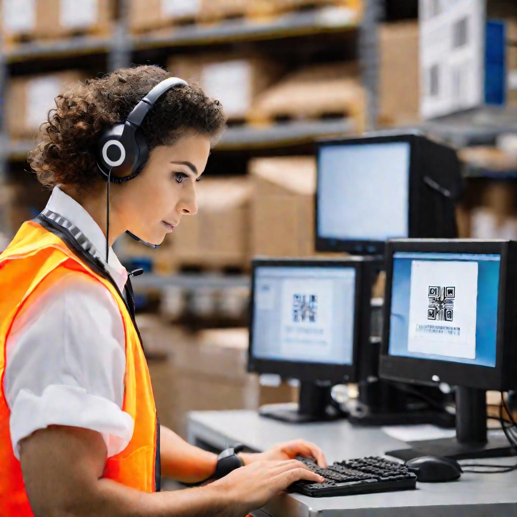 Кладовщик сканирует штрих-код на коробке