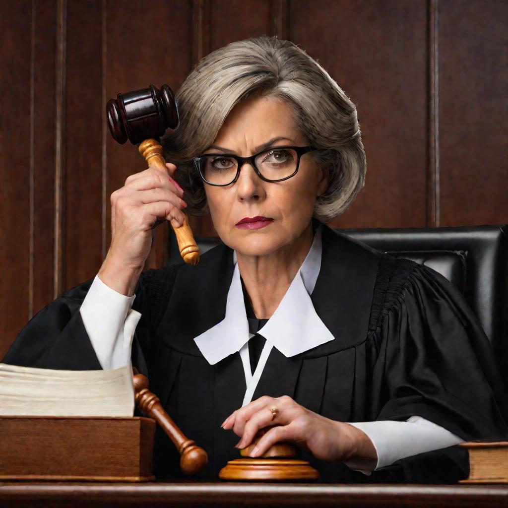 Крупным планом портрет судьи в официальной мантии, стучащей молотком. У нее серьезное выражение лица, она смотрит вниз, собираясь открыть судебное заседание.