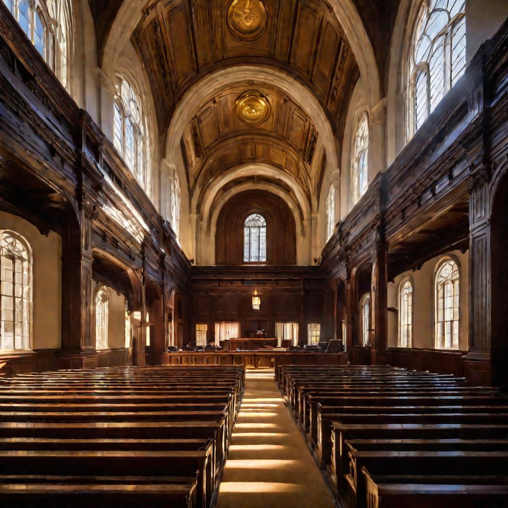 Вид снизу большого традиционного зала суда. Солнечный свет проникает через высокие арочные окна. Впереди расположена внушительная судейская скамья. Люди в костюмах сидят за столами перед судьей.