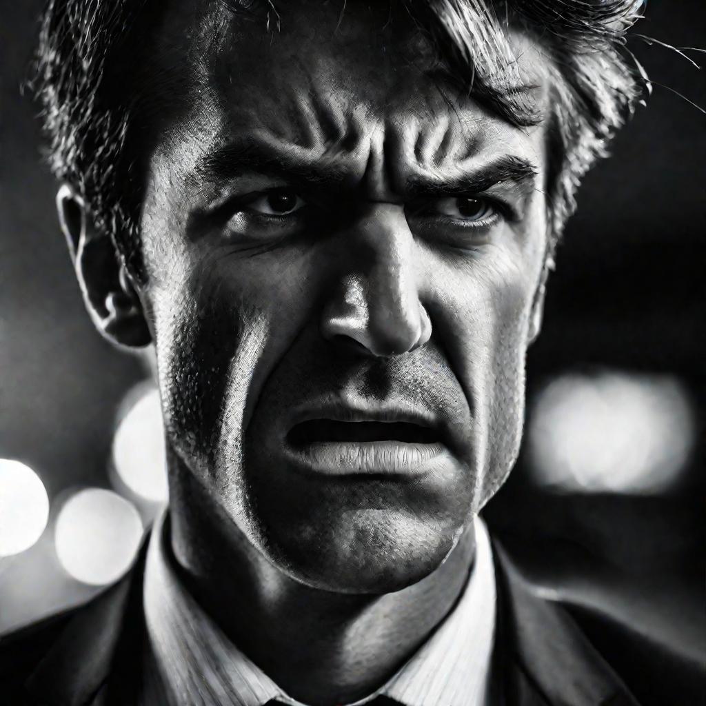 Портрет разозленного мужчины в костюме, сжимающего зубы.