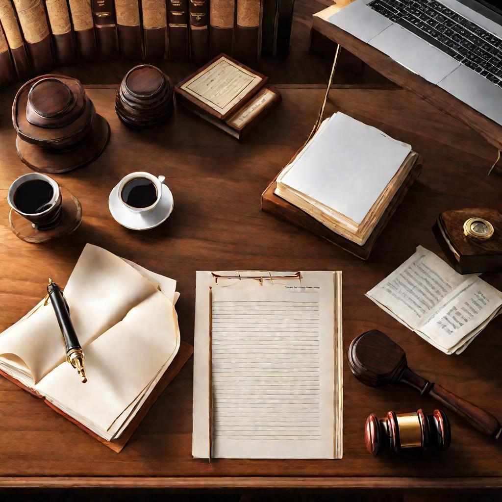 Вид сверху на рабочий стол юриста с бумагами и молотком судьи.