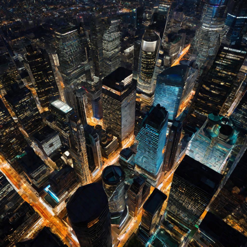 Вид на ночной город сверху, где в офисах небоскребов принимаются решения об уничтожении печатей компаний