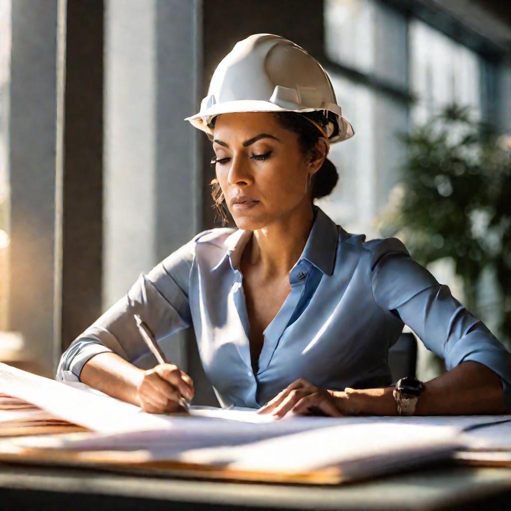 Портрет вблизи деловой женщины в каске