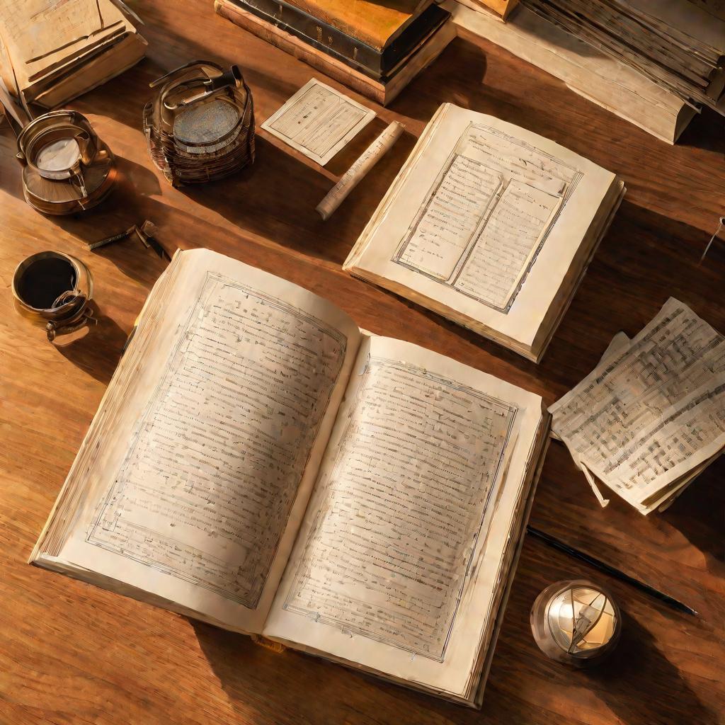 Вид сверху на открытую книгу с записями на столе