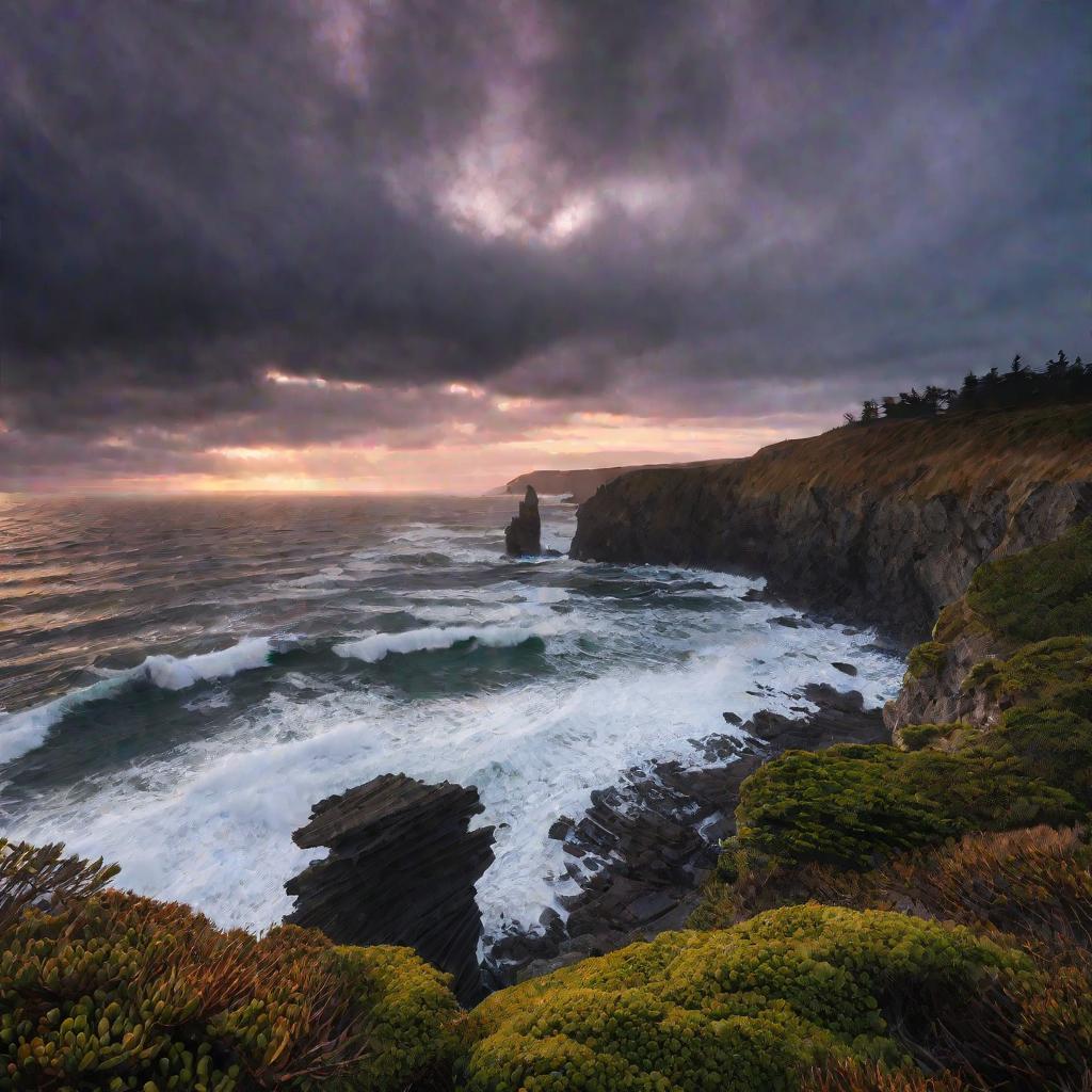 Живописная смотровая площадка на скалистом морском утесе в сумерки. Темные буйные тучи нависают над океаном. Набегающие волны вздымают белую пену, сверкающую в последних лучах дня. Утесы покрыты неприхотливой низкорослой растительностью и искривленными от