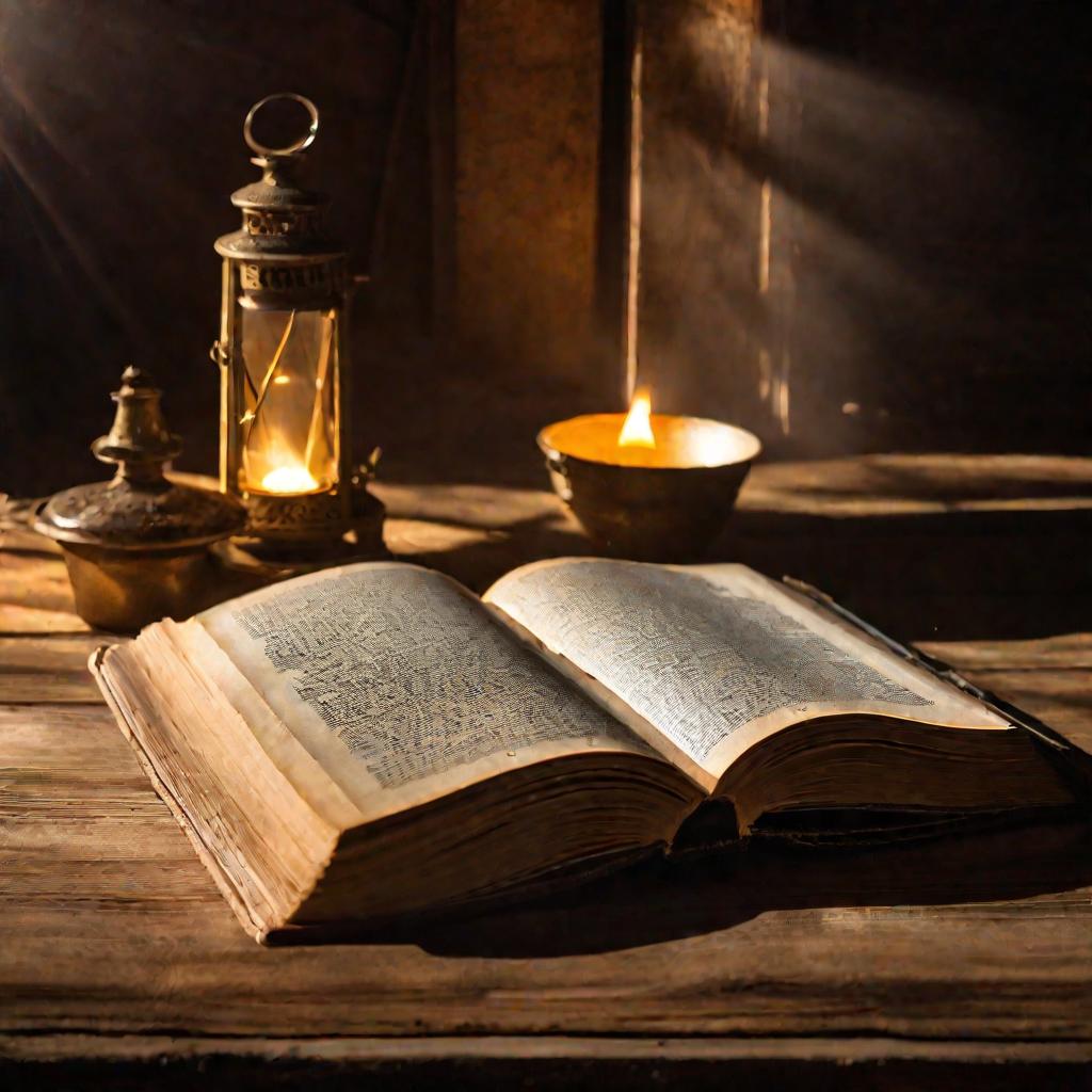 Очень крупный план открытой книги, лежащей на деревянном столе. Страницы старые и потрепанные, с замысловатой каллиграфией и иллюстрациями. Солнечные лучи, проникающие через близлежащее окно, высвечивают кружащиеся в воздухе пылинки. Освещение создает мяг