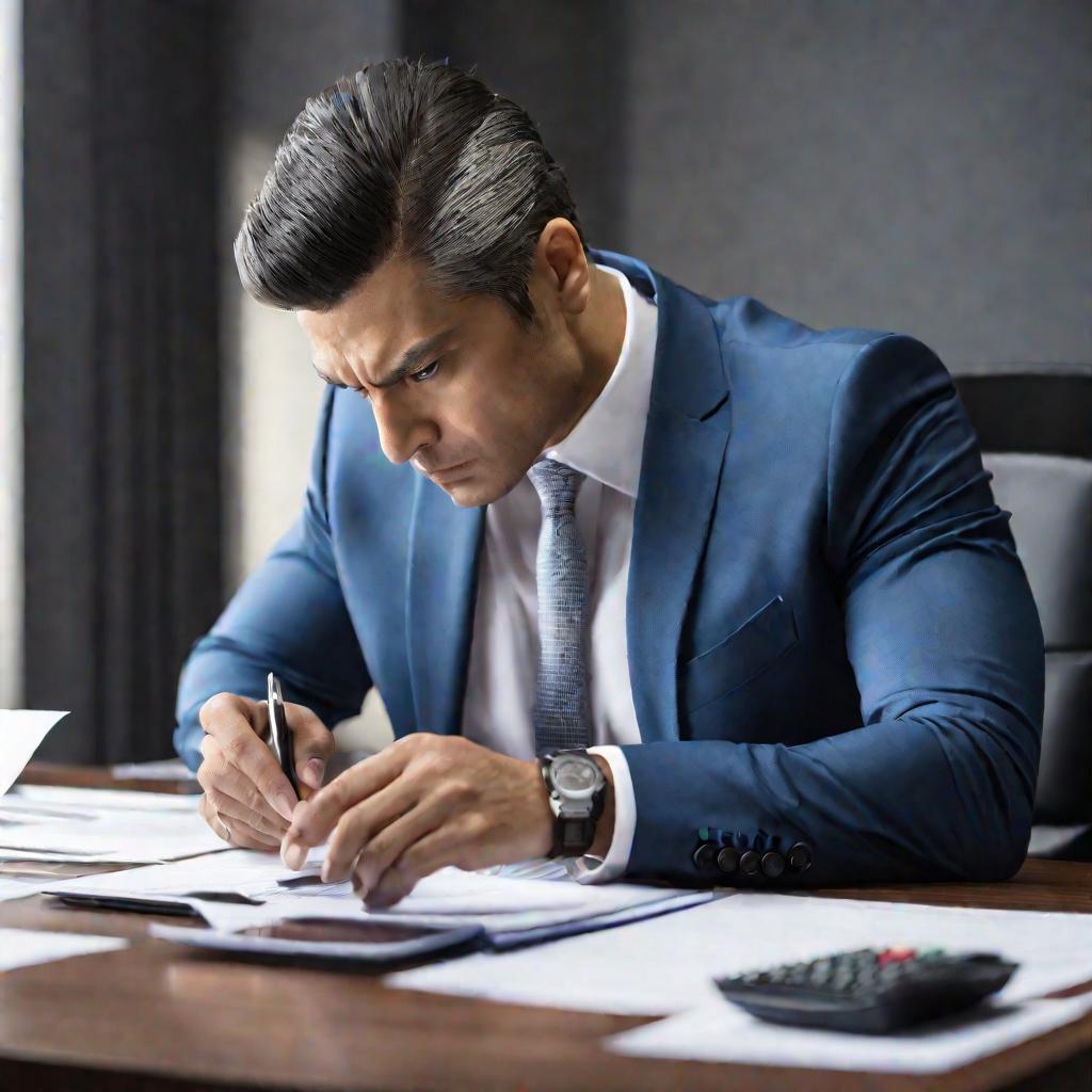 Портрет бизнесмена в костюме, сидящего за столом и использующего калькулятор