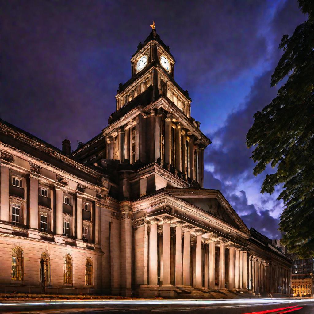 Здание Центробанка вечером на фоне небоскребов