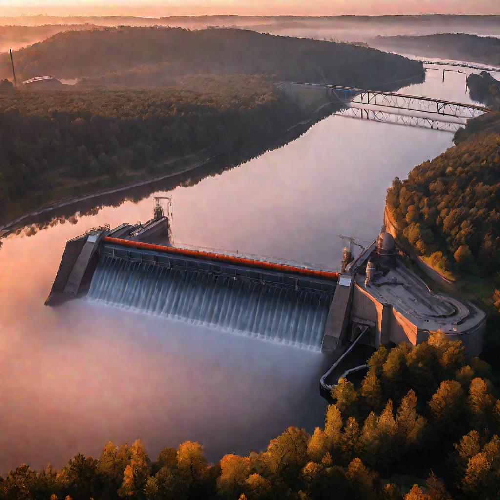 Плотина ГЭС в тумане на рассвете