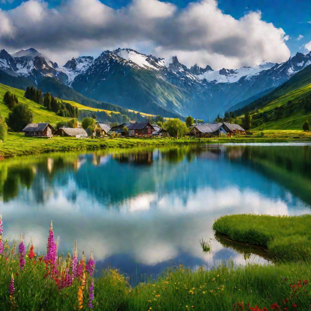 Горное озеро с деревней и лодками