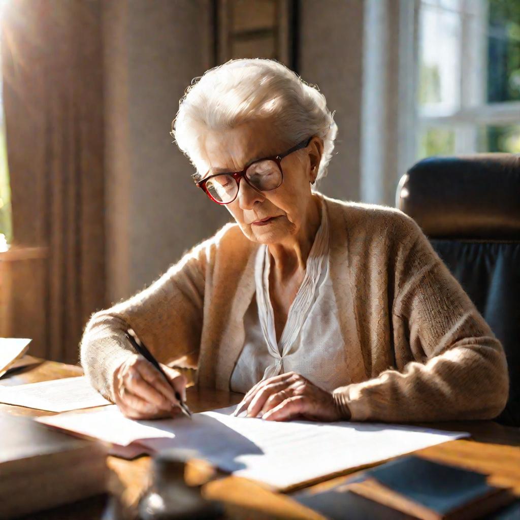 Пожилая женщина подписывает документы о наследстве