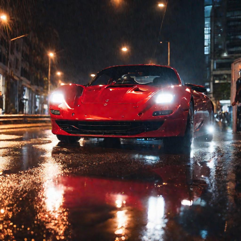 Спортивный автомобиль едет по ночной мокрой дороге